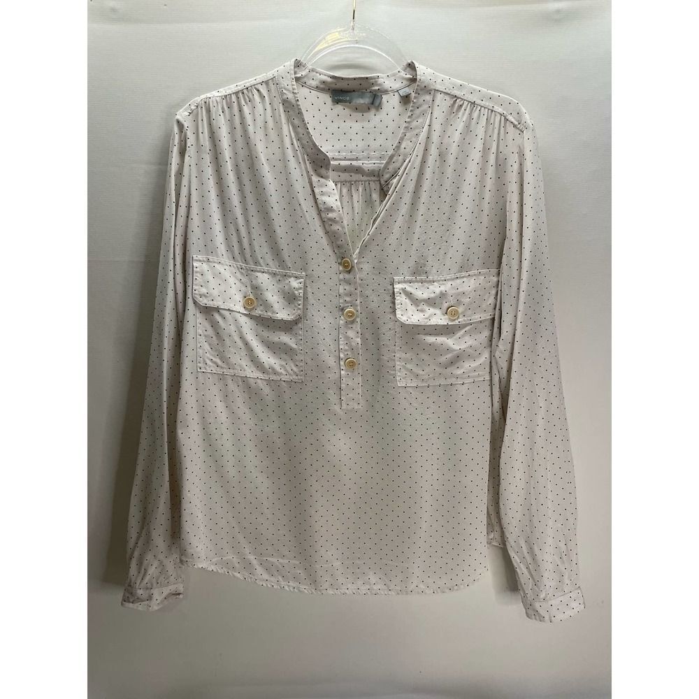 Vince Utility 100% Silk Polka Dot Blouse Long Sleeve Top Women's Large Ivory
